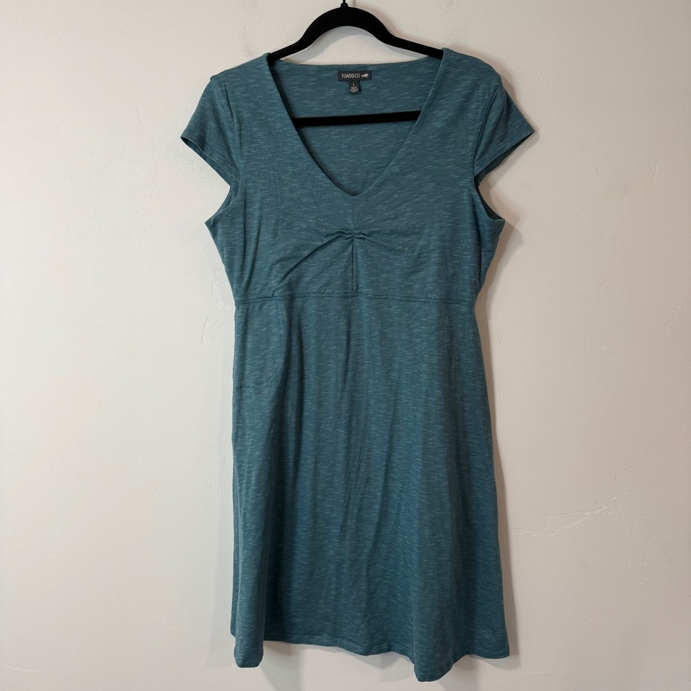 Toad&Co Womens Rosemarie Dress Large Blue V-Neck Stretch Pocket A Line